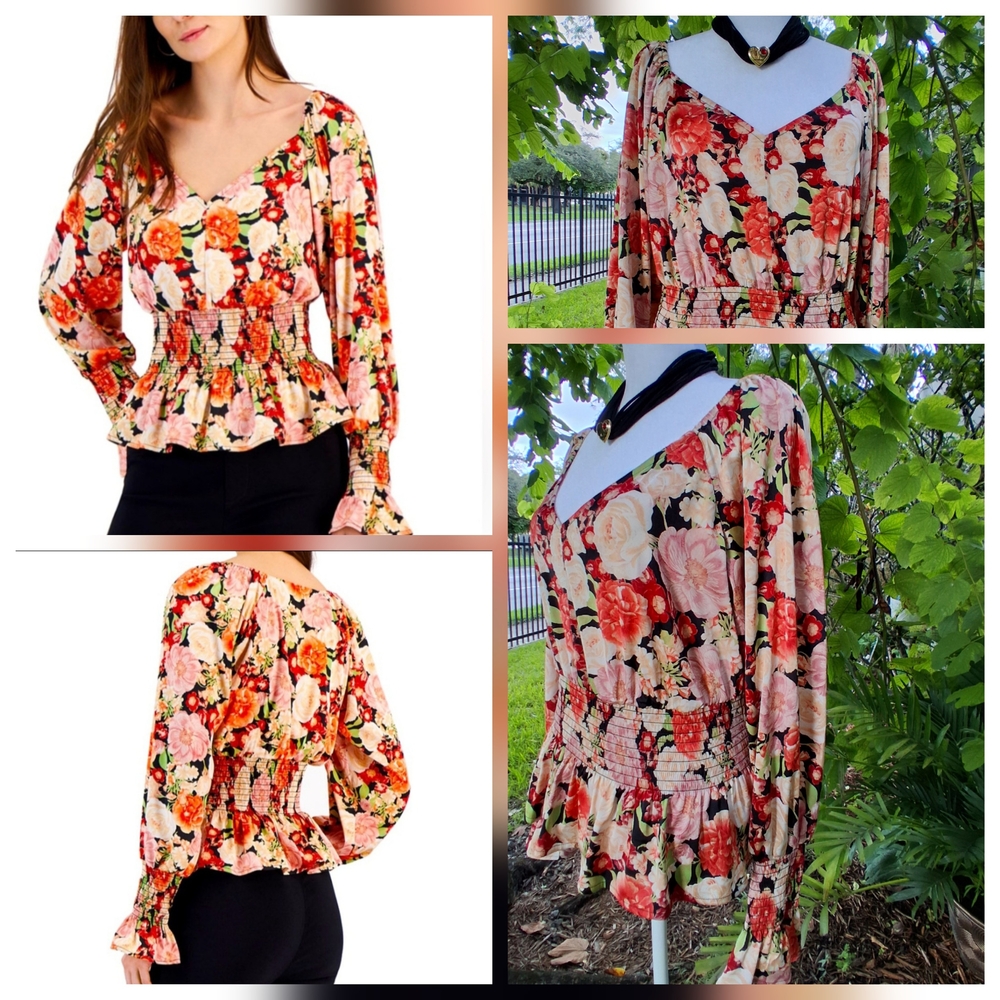 🔥NEW INC International Concepts EMMA Floral Blouse Smocked Waist SMALL